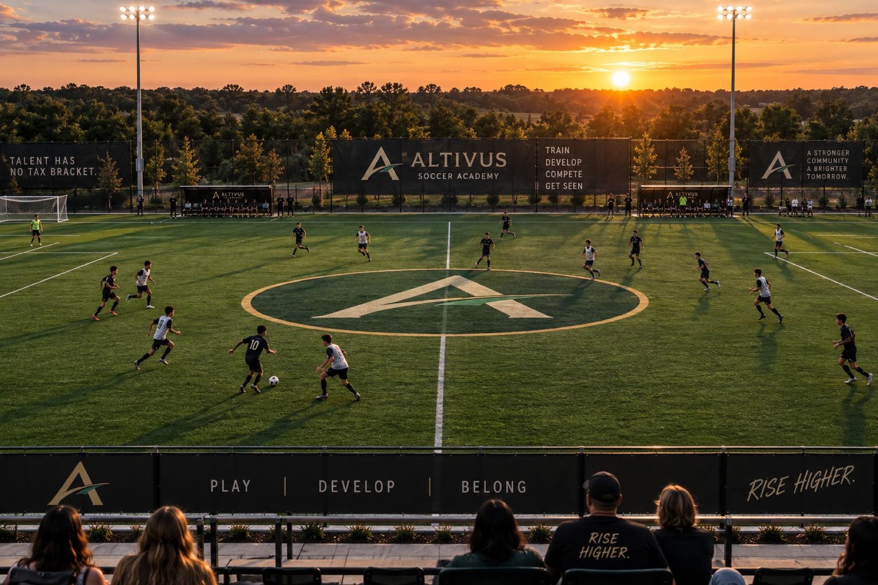 Altivus Soccer Academy players competing at sunset